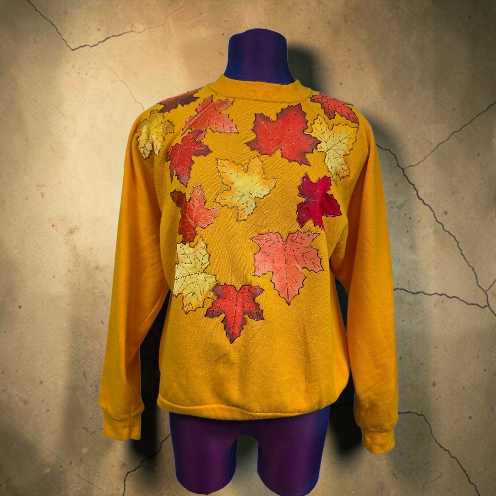 Tultex Mustard Yellow Autumn Maple Leaf Glitter Sweatshirt Medium USA Vintage